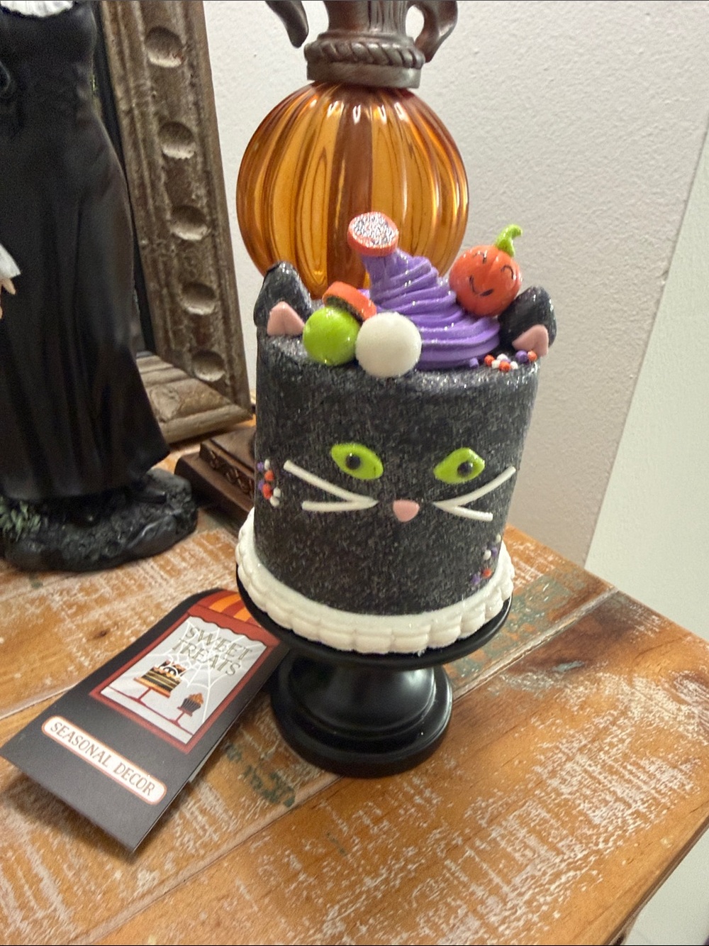 Sweet Treats Halloween Black/White Cat Decorative "Cake" & Purple Accents Decor